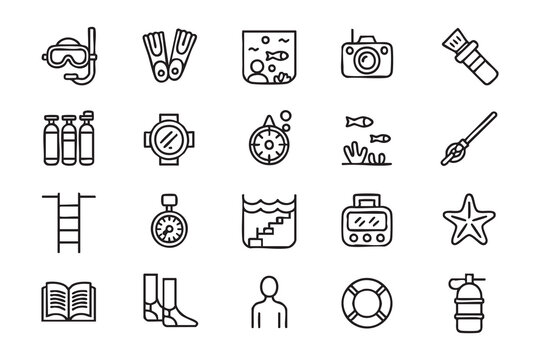 Ocean watersport icon collection with scuba gear, snorkel equipment, diving fins, compass, flashlight, reef life, and rescue symbols
