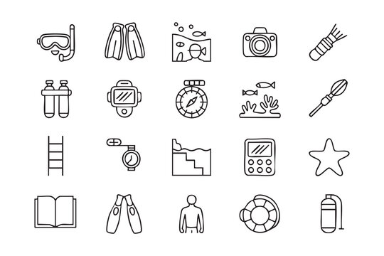 Underwater diving outline icons, scuba equipment, snorkel mask, fins, oxygen tank, marine camera, reef fish, and safety gear