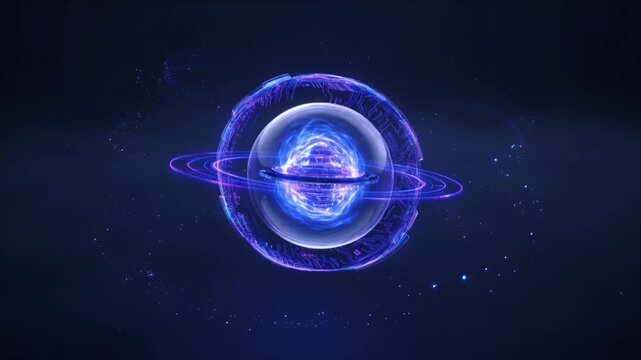 Quantum Computing Quantum processor levitating nucleus core energy sphere with glowing blue neon ring, futuristic 3D sci fi render deep space, electric plasma dark background, abstract quantum