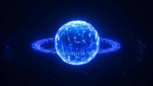 Quantum Computing Glowing quantum computing core with blue energy sphere plasma ball neon ring, futuristic sci fi technology abstract background, hologram data circle and particle light in dark space