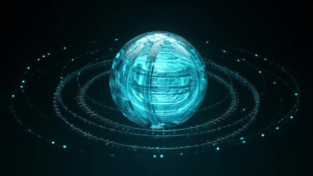 Quantum Computing Futuristic quantum computing sphere glowing hologram technology digital blue abstract, hologram core with orbiting data ring, neon blue energy interface and digital particle network