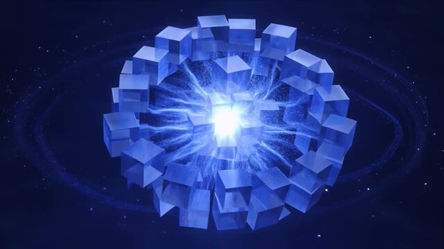 Quantum Computing quantum nucleus glowing core energy burst blue cube sci fi abstract futuristic digital art space background particle field luminous ring of floating cubes around radiant core sphere