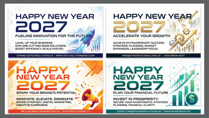 Naklejka premium Collection of four corporate happy new year 2027 promotional flyers highlighting business growth innovation marketing strategy financial planning themes with corporate business marketing