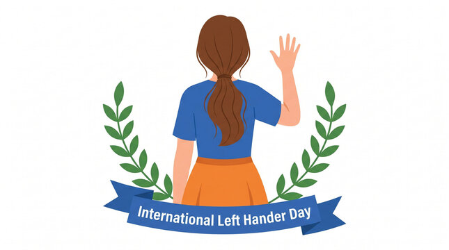 Illustration of a woman waving with her left hand framed by laurel branches.