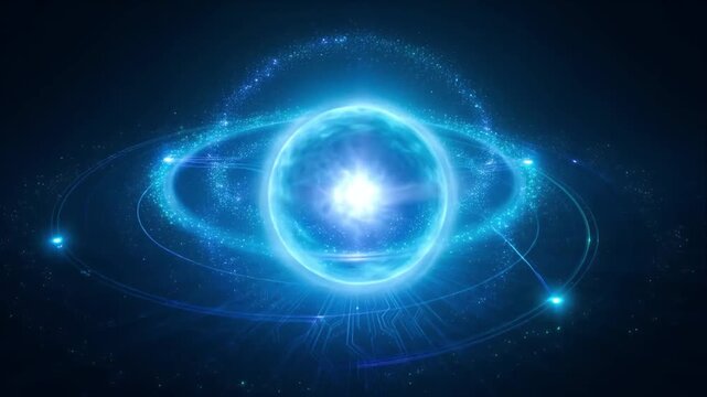 Quantum Computing Quantum singularity glowing orb energy sphere blue light particle ring cosmic background, futuristic abstract science illustration with luminous sphere, orbiting ring, blue plasma