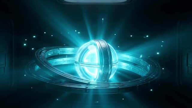 Quantum Computing quantum engine glowing sphere sci fi energy core futuristic technology hovering device ring chamber, neon blue light rays, particles and digital render dark background