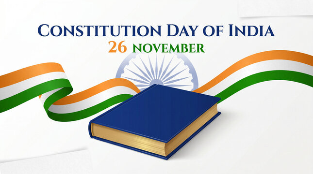 Indian Constitution Day banner with national flag colors and Samvidhan book.