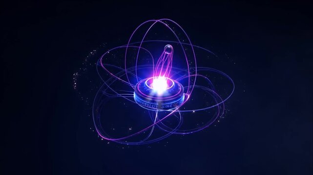 Quantum Computing quantum atom processor quantum computing circuit neon futuristic 3d render floating chip core with glowing neon orbit lines and energy rings, abstract particle technology dark