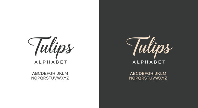 Tulips script decorative font with elegant cursive alphabet retro vector design - flat vector illustration