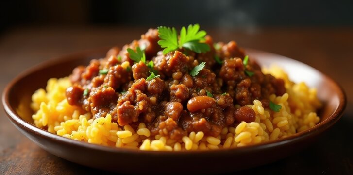 Sizzling ground beef mixture served with rice and beans in a traditional Cuban dish, beef, ingredients, colorful background