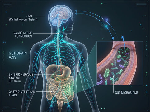 Medical illustration of the gut brain axis showing central nervous system vagus nerve and gut microbiome