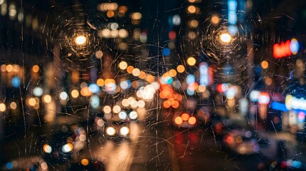Obraz premium Night city view through scratched glass with bright bokeh lights and urban reflections.