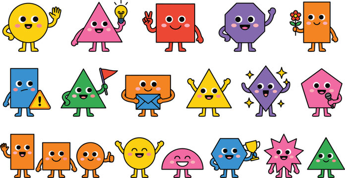 Geometric shape vector character set featuring cute cartoon circle triangle square rectangle pentagon hexagon and star figures with funny expressions isolated on white background.