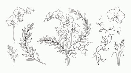 Fototapeta premium Minimalist orchid flower line art collection, elegant botanical floral sketches, black and white tropical plant vector set for wedding invitations