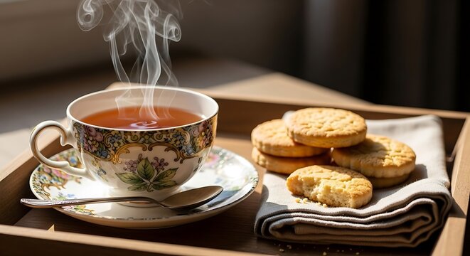Steaming cup of tea with biscuits on a wooden tray