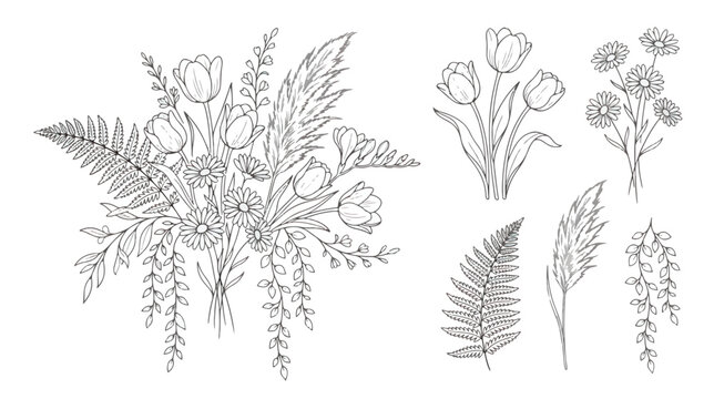 Minimalist botanical line art collection, hand drawn floral bouquet with tulips and ferns, elegant black and white wildflower vector set for wedding stationery