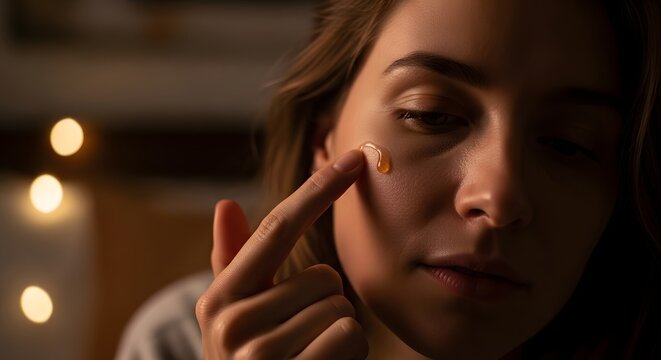 Intimate close up portrait of a woman in low light showing introspection.