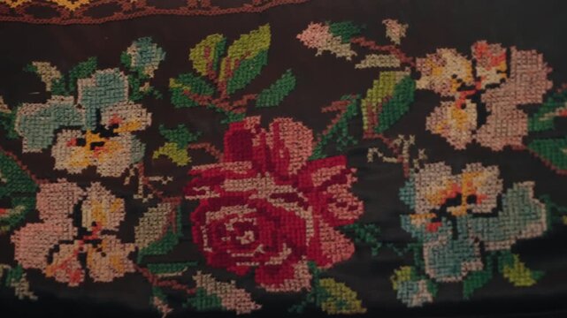 Antique textile displaying a handmade floral pattern with detailed cross-stitch embroidery, showcasing colorful roses and other flowers on a dark, elegant silk-like fabric with a traditional border