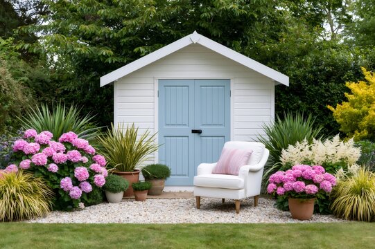 Garden shed with blue doors, pink hydrangeas, outdoor armchair