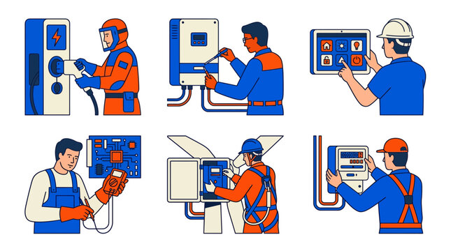 Set of flat illustrations showing electricians and technicians working on various electrical systems, representing professional maintenance services and green energy solutions