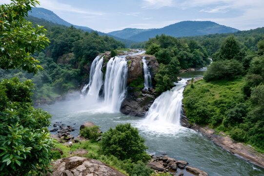 Athirappilly Falls in Kerala, India flowing through lush jungle
