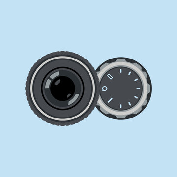Minimalist illustration of a camera lens and a mode dial