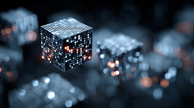 Digital data cube glowing with binary code in futuristic dark technology background
