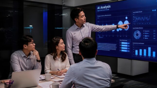 Diverse group of business professionals collaborating around a large interactive screen displaying intricate AI analysis charts and graphs, presenting data-driven insights in a dynamic office