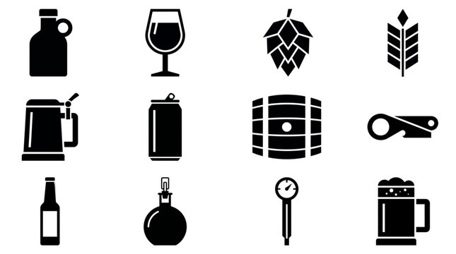 Black and white beer brewing and bar icon set featuring bottle, mug, keg, hop and barrel on white background, representing craft brewery identity, illustrating pub menu design