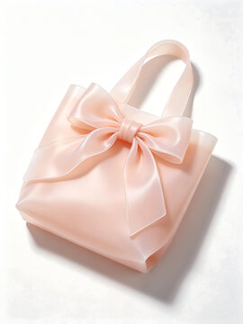 Shiny pastel satin favor bags with integrated ribbon handles and front bow details, mirror-like glossy finish, displayed against a solid white studio background with gentle diffused lighting. Minimali