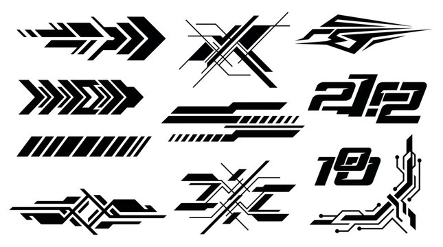 Set of futuristic sci-fi geometric decals and black abstract tech graphics on a white background, representing vehicle livery design and cyberpunk game UI elements