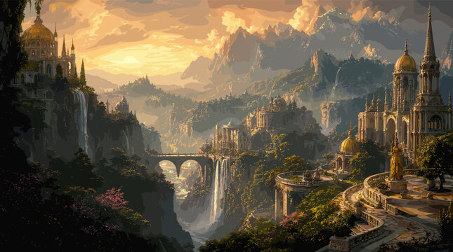 A breathtaking fantasy landscape featuring majestic elven cities nestled within a verdant valley, with cascading waterfalls and ancient bridges under a golden sunset.