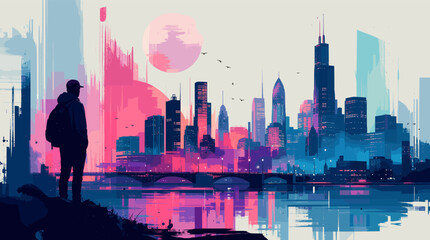 A lone figure stands on a shore, gazing at a vibrant, abstract cityscape reflected in the water under a pink moon. © rono