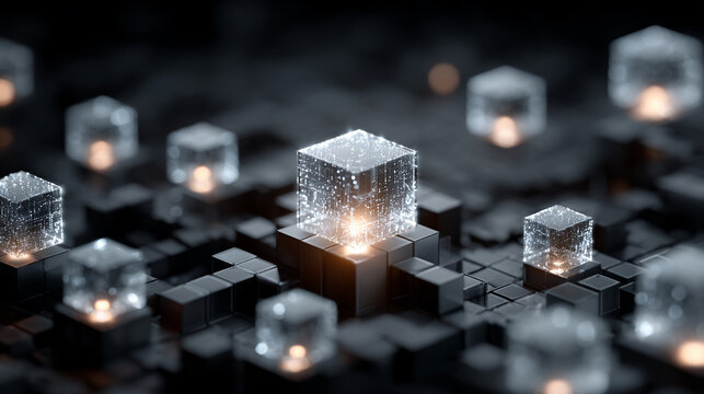 Glowing ice cube with light reflection on dark surface minimalist still life composition
