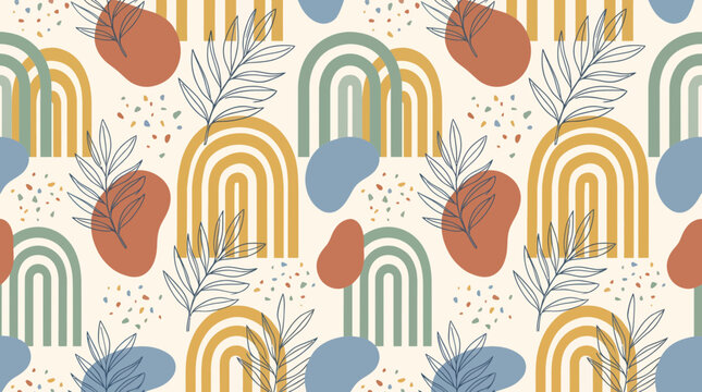 Seamless pattern with abstract boho arches, terracotta organic shapes and botanical line art leaves on cream background, representing aesthetic wallpaper design and textile printing