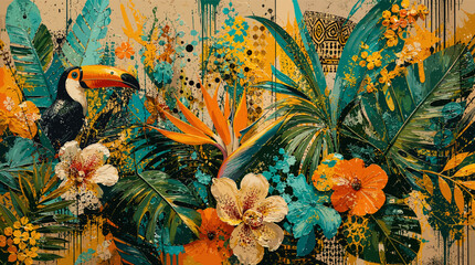 Vibrant Toucan Amidst a Lush Tropical Jungle Paradise with Exotic Flowers and Abstract Splashes. © rono