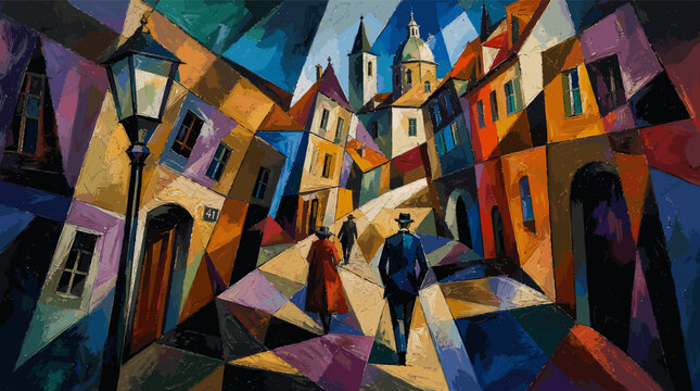 A vibrant cubist painting depicts a street scene with figures walking down a winding path lined with colorful, angular buildings.