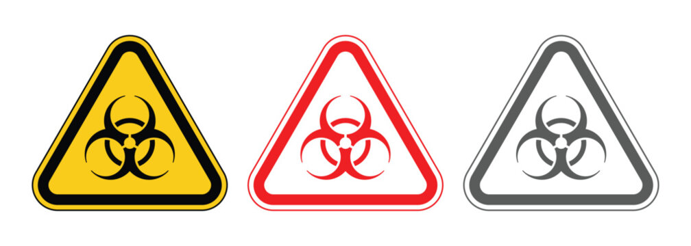 Toxic sign. Toxic, Nuclear, Danger and Warning sign icons set in yellow red and grey color. Universal sign for toxic and hazardous materials. Vector illustration.