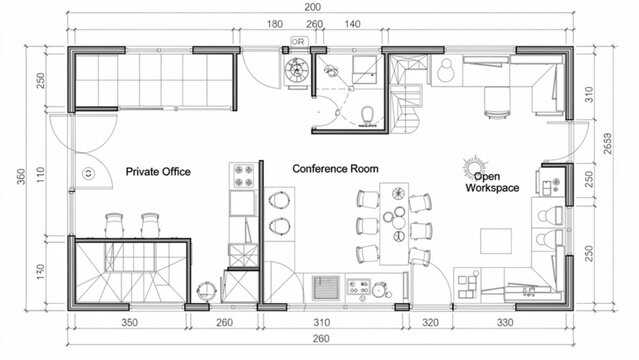 Modern office floor plan with private office conference room open workspace and amenities in a collaborative work environment