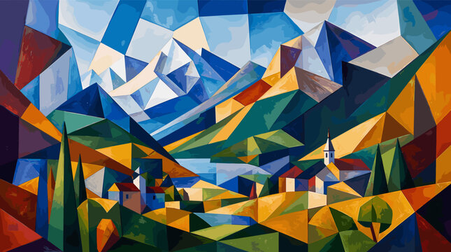 Vibrant Cubist Landscape Painting of a Mountain Village with a Lake and Snow-Capped Peaks.