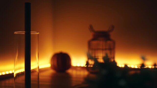 warm glowing ambiance with decorative objects and string lights, cozy autumn evening atmosphere, warm light and soft focus