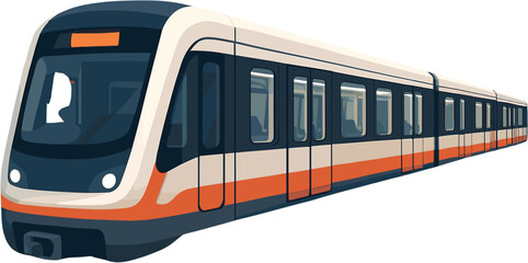 A modern, sleek, white and orange commuter train with dark tinted windows, depicted in a clean, isolated illustration. © Tukujajan