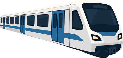 A modern white and blue metro train with multiple doors and windows, depicted in a clean, vector-style illustration against a white background. © Tukujajan