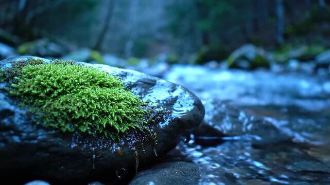 Macro closeup of vibrant green moss growing on a wet dark stone in a shallow forest stream, serene nature background, water drops, tranquil atmosphere
