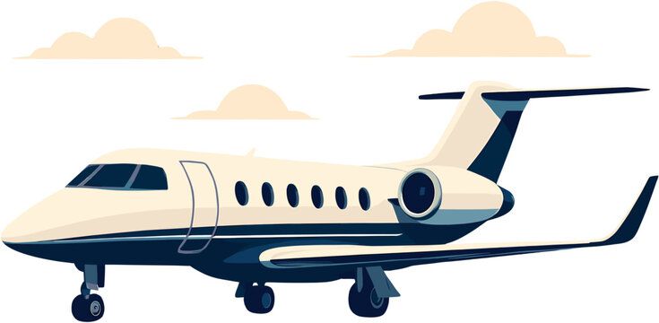 A sleek, modern private jet with a dark blue stripe along its fuselage, parked on a landing gear against a background of soft, light brown clouds.