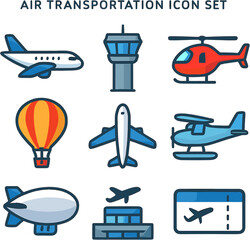 Collection of air transportation icons including airplanes, helicopters, hot air balloons, blimps, control towers, and airport terminals. © Tukujajan