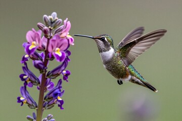 Fototapeta premium A hummingbird is flying near a flower. 