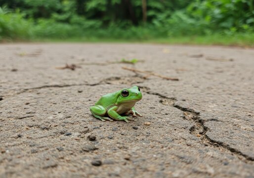 Tiny green frog on cracked pavement in vibrant natural environment