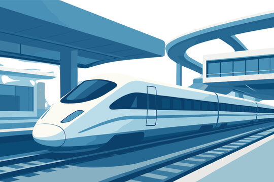 A modern high-speed bullet train at a futuristic station platform with blue and white tones.
