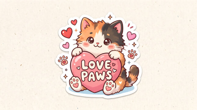 Cute calico cat holding a pink heart with love paws text